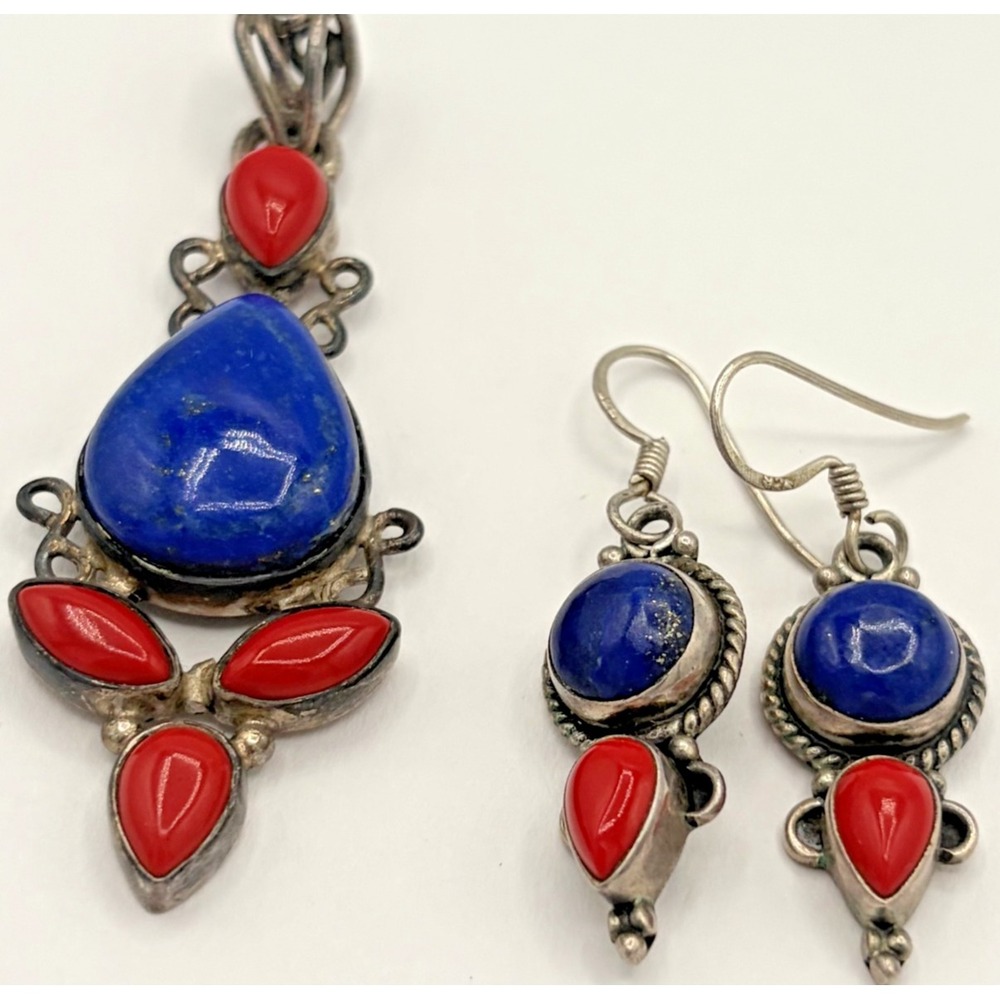 Vintage Southwest Sterling 925 Lapis Lazuli Red Coral Pendant Dangle Earring Set
